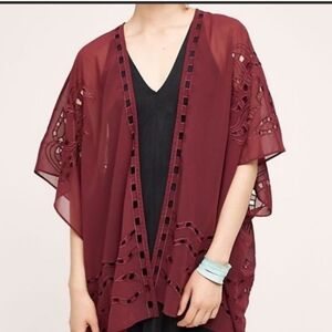 Beautiful Stories Dalia Eyelet Kimono Sheer Maroon Burgundy Open Front